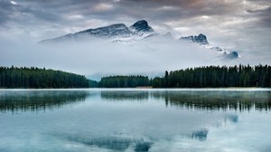 mountain, lake, trees, reflection, sky, top
