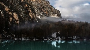 mountain, lake, fog, lake braies, italy, landscape