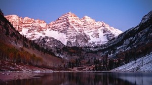berg, sjö, snöig, reflektion