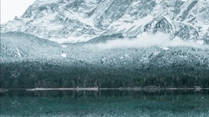 montaña, lago, invierno, nieve, reflexión