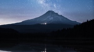 mountain, lake, starry sky, twilight, reflection