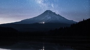 montaña, lago, cielo estrellado, crepúsculo, reflejo