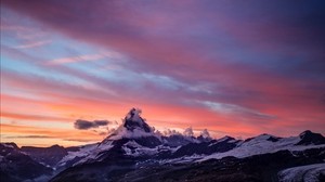 mountain, peak, snowy, clouds, sunset, zermatt, switzerland - wallpapers, picture