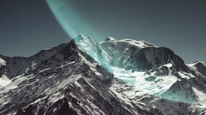 mountain, peak, snowy, light, starry sky - wallpapers, picture