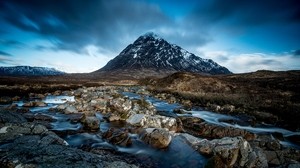 mountain, river, stones, clouds, sky, landscape, water, flow - wallpapers, picture