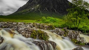 mountain, river, stream, stones, water