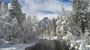 mountain, river, snow trees, valley - wallpapers, picture