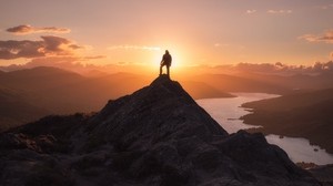 mountain, silhouette, man, peak, conquest, victory, freedom