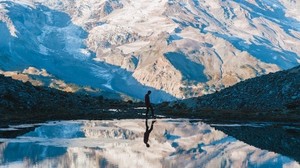 montaña, silueta, reflejo, cielo, soledad