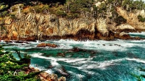 mountain, rock, foot, sea, water, wave, greens, vegetation - wallpapers, picture