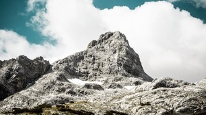 mountain, peak, sky, clouds, stones