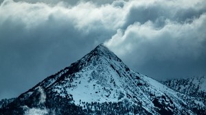 mountain, peak, clouds, snow, trees, slope