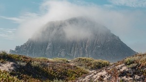 mountain, peak, clouds, vegetation, landscape