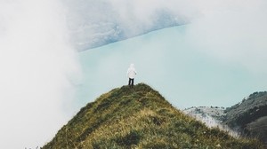 mountain, peak, loneliness, clouds, solitude, lonely, person - wallpapers, picture