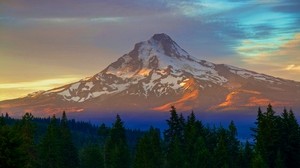 mountain, peak, rainbow, snowy, fog