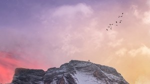 mountain, peak, silhouette, birds, sky, stars