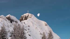 mountain, peak, snow, trees, moon, cross