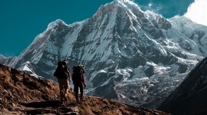 mountain, peak, tourists, trekking, nature