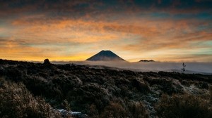 mountain, volcano, fog, landscape, dusk