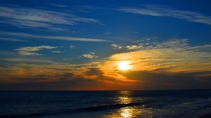 horizon, sea, sunset, evening, romance, waves, clouds, line, dash