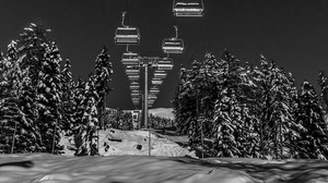 ski lift, winter, black and white (bw), snow