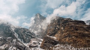 mountain landscape, peaks, fog, snowy - wallpapers, picture