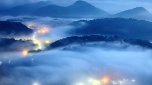 city, lights, fog, night, mountains, relief, from above - wallpapers, picture