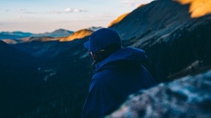 mountains, man, cap, jacket, top