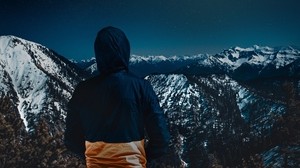 mountains, man, back, view, sunset