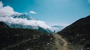mountains, man, tourist, clouds - wallpapers, picture