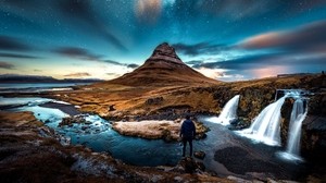 mountains, man, starry sky, waterfall, river