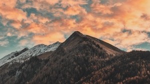 montagne, alberi, nuvole, cielo, autunno, Alpi della Zillertal, Italia - wallpapers, picture