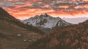 mountains, trees, clouds, sky, autumn, village, Italy