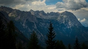 mountains, trees, clouds, peak, veneto, italy