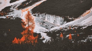 mountains, trees, landscape, slopes, stone