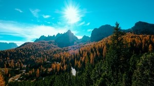 mountains, trees, the sun, rays, autumn, top view