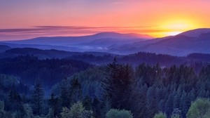 montañas, árboles, puesta de sol, cielo, paisaje, Trossachs, Escocia