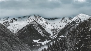 montañas, árboles, invierno, nieve, nubes, nevado