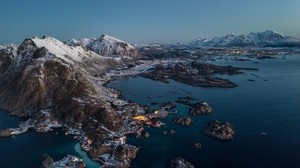 mountains, village, lake, snow, norway