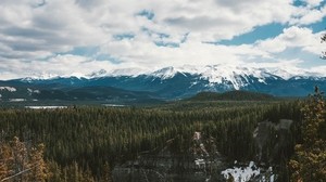 mountains, trees, distance, snow, clouds