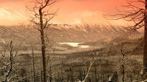 mountains, trees, cold, winter, snow, fog, gray - wallpapers, picture