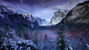 mountains, trees, snow, sky