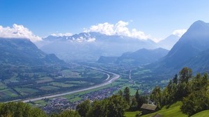 mountains, valley, river, fog, landscape - wallpapers, picture