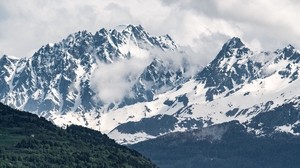 mountains, valley, peaks, snowy, trees, sky - wallpapers, picture
