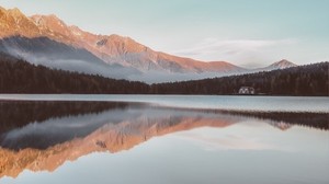 mountains, house, lake, reflection