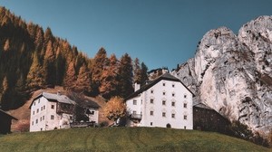 mountains, houses, autumn, trees