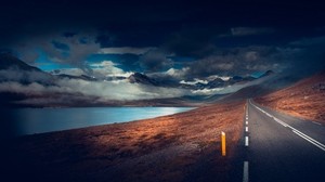 mountains, road, asphalt, marking, lake, dark, clouds