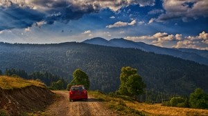 mountains, road, car, landscape