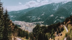 mountains, road, landscape, sun, trees, slope - wallpapers, picture