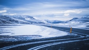 mountains, road, turn, snow, winter, snowy - wallpapers, picture